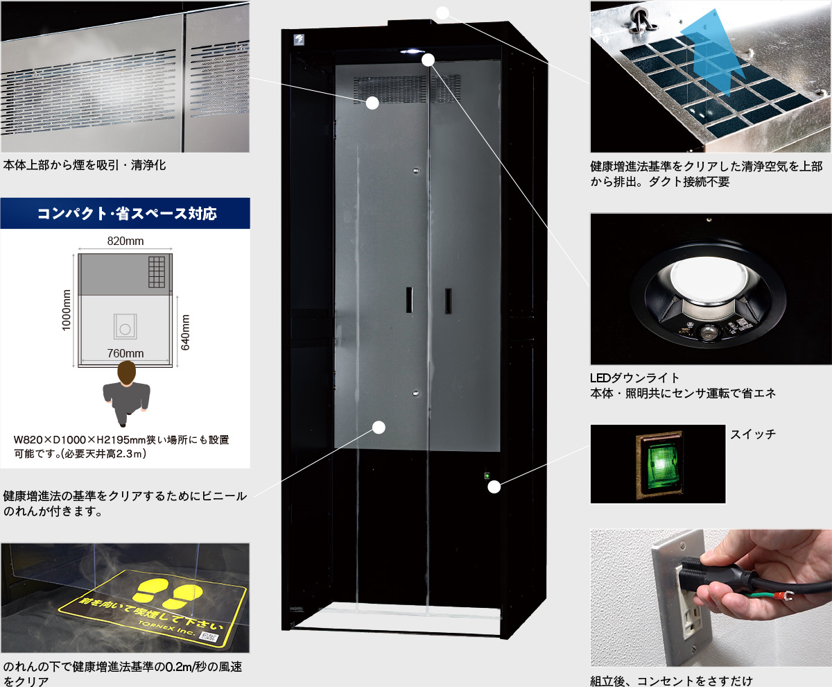 組立後、コンセントをさすだけ コンパクト･省スペース対応 健康増進法基準をクリアした清浄空気を上部から排出。ダクト接続不要