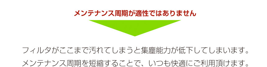 メンテナンス周期が適正ではありません。→ フィルタがここまで汚れてしますと集塵能力が低下してしまいます。メンテナンス周期を短縮することで、いつも快適にご利用頂けます。