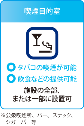 喫煙目的室 ※公衆喫煙所、バー、スナック、シガーバー等